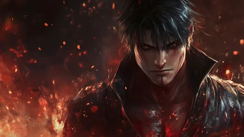 Dark-haired male figure amid embers and red illumination.