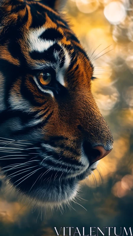 Close tiger profile with sharp details and warm bokeh light.