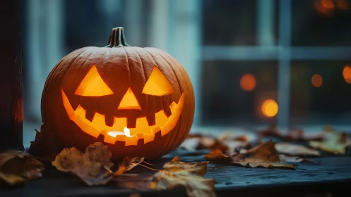 Grinning jack-o’-lantern keeps warm watch on twilight windowsill