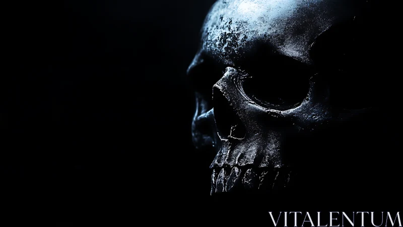 Glimmering skull emerging gently from deep shadowed night.