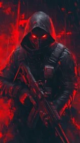 Hooded futuristic soldier stalks a neon red war zone.