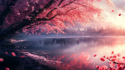 Cherry blossom tree over calm lake at pink sunrise.