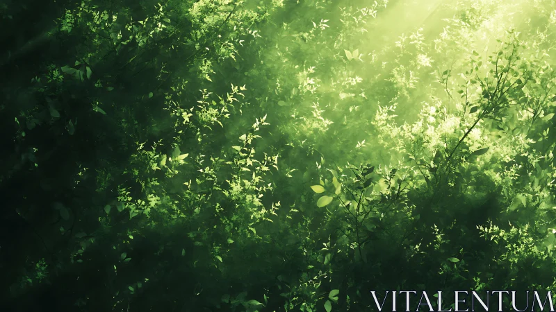 Forest canopy glows under filtered morning emerald light.