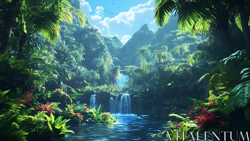 Sunlit tropical waterfall cascades through dense jungle valley