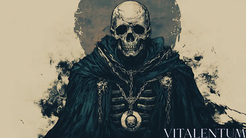 Hooded skeletal figure in dark cloak with pendant medallion.