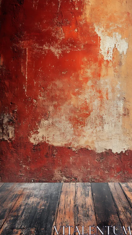Weathered red plaster wall with distressed wood floor surface.