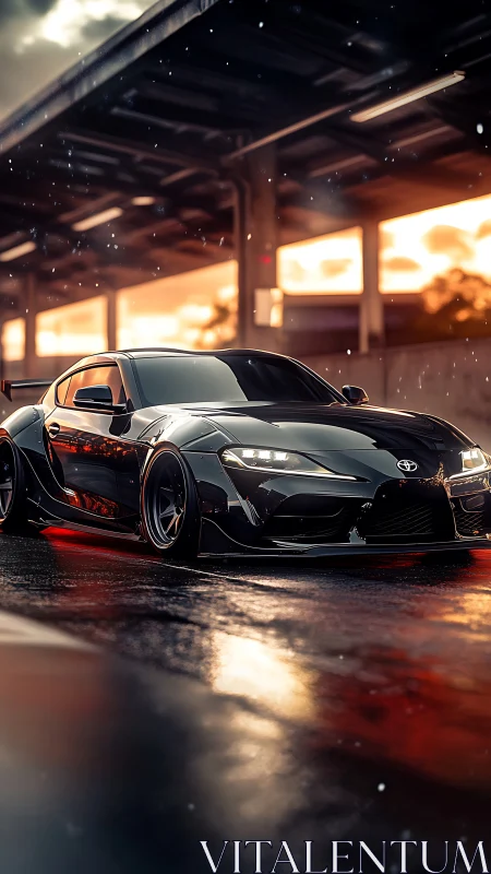 Modified black Toyota Supra sits on wet racetrack at sunset