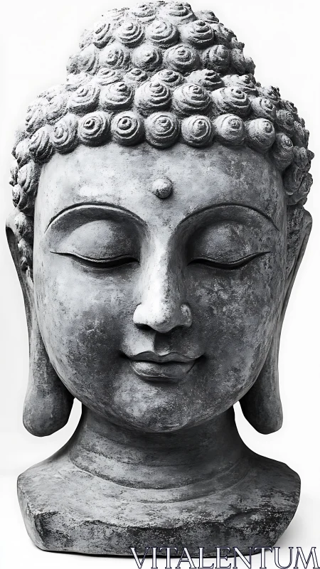 Granite-textured Buddha head sculpture in frontal orthographic view.