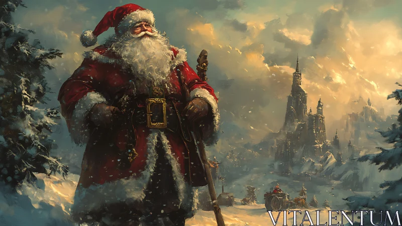 Santa figure in snowy landscape with distant fortress.