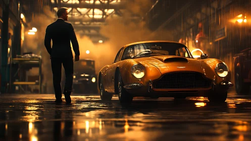 Elegant man approaches vintage sports car in rainy neon haze