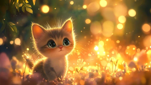 Luminous Kitten Portrait with Bokeh Light Effects and Golden Ethereal Ambiance