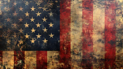 Weathered United States flag with circular star layout.