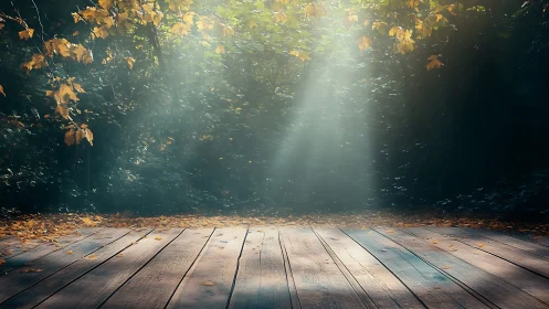 Sunlit forest clearing illuminates empty wooden deck