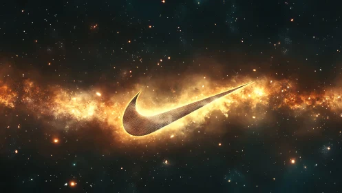Luminous swoosh emblem integrated into stellar nebular corridor.