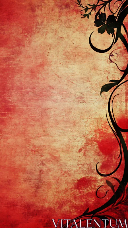 Red textured background with black floral border graphic.