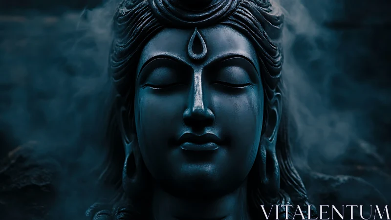 Shiva-like stone face rendered in dark blue cinematic lighting