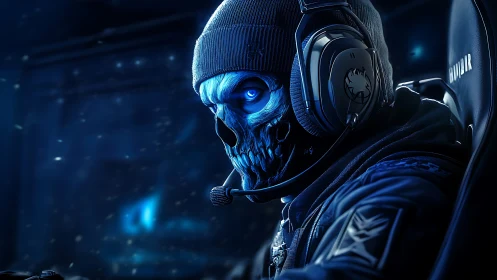 Cyber skull gamer in blue neon tactical headset portrait.