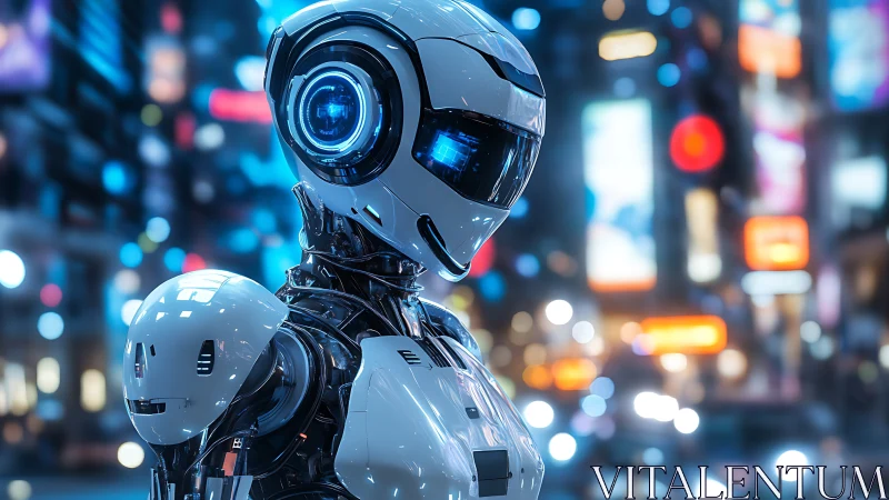Futuristic white humanoid robot in neon city night scene.