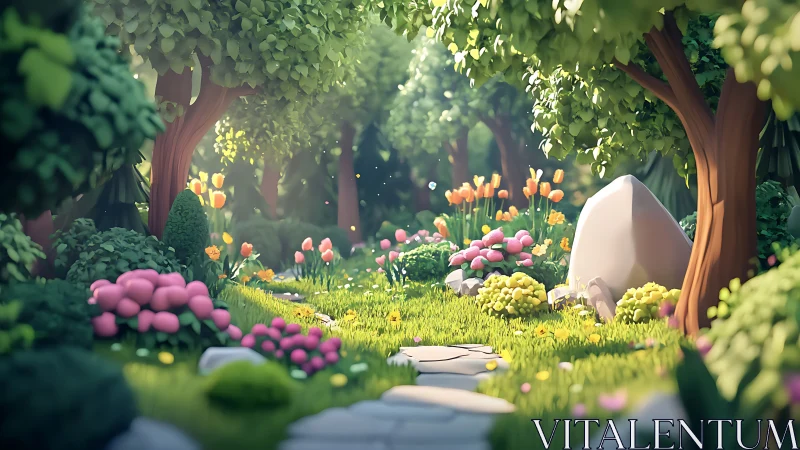 Enchanted Garden Path Through Blooming Trees.