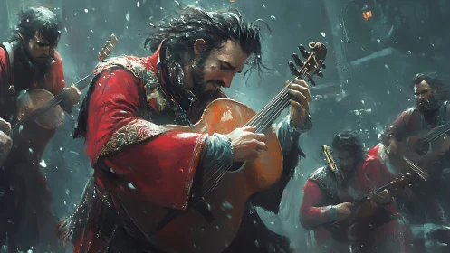 Group of guitarists performs outdoors in cold weather conditions