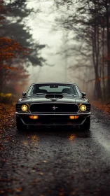 Classic muscle car glowing on a misty forest backroad.