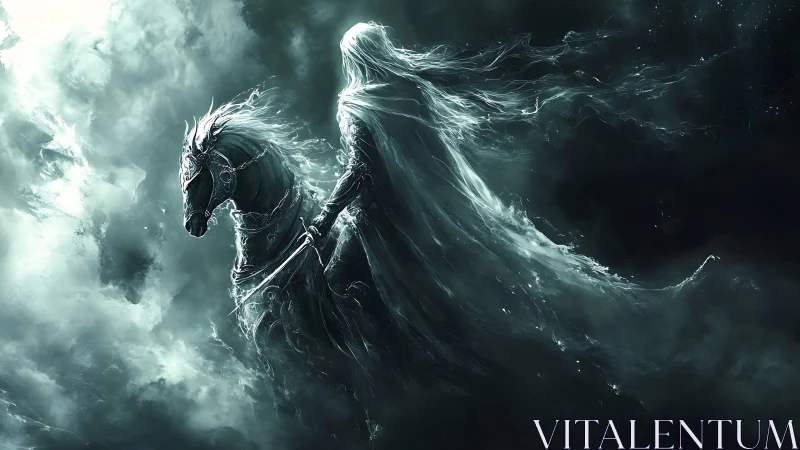 Spectral stormrider on a moonlit phantom warhorse.