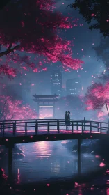 Silhouetted figures on bridge beneath pink trees at dusk.