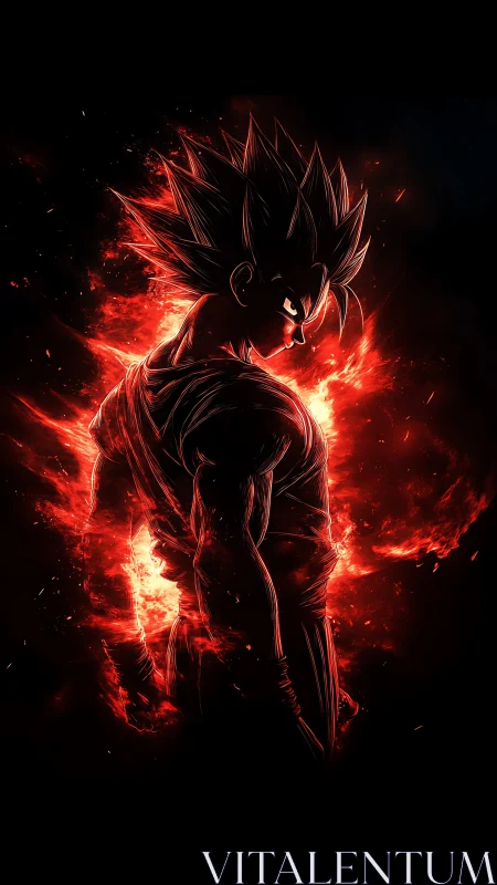 Fiery anime warrior silhouette in dynamic backlit inferno.