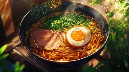 Sunlit ramen reverie with molten egg halo and garden steam.