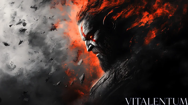 Fiery warrior emerging from swirling smoke and shadowed ash.