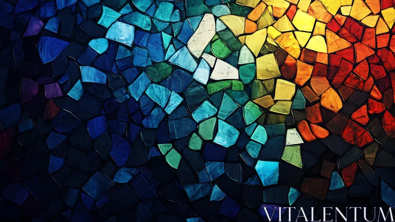 Abstract stained glass mosaic with vibrant gradient colors.