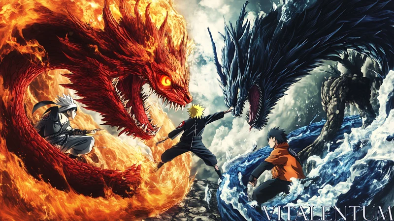 Blazing dragon duel meets stormborn serpent in anime clash.