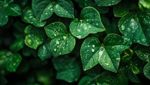 Close-up study of wet green leaves after recent rainfall.