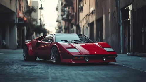 Low-slung red supercar anchors a moody urban streetscape at dusk