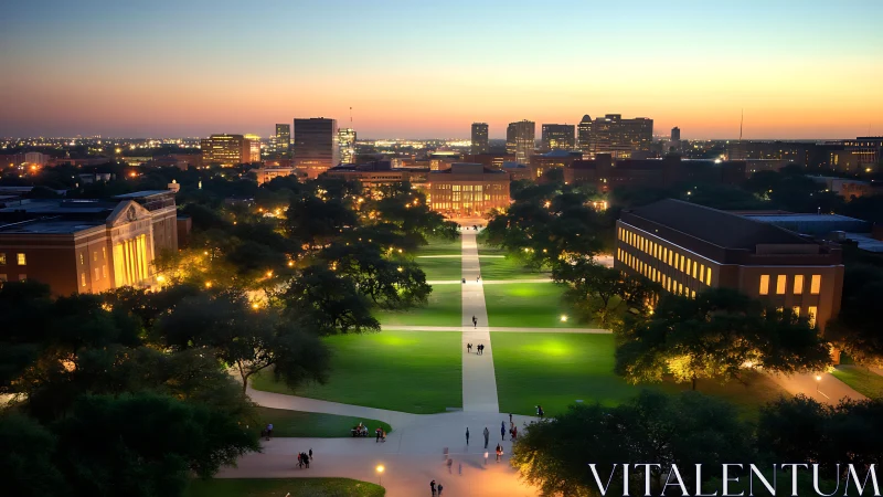 Sunset strolls through a glowing campus lawn and city lights.