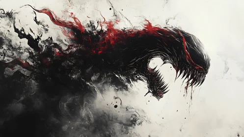 Abstract creature silhouette emerges from dense black smoke