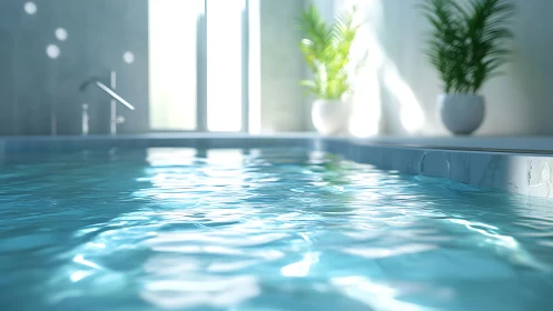 Sunlit indoor pool water shimmers in a calm spa retreat