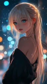 Rainlit city glimmers while a blue eyed muse quietly turns