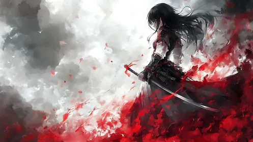 Stormlit swordswoman in a swirling red and white skyscape.