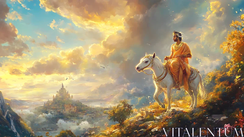 Golden-robed rider surveys distant celestial kingdom at dawn