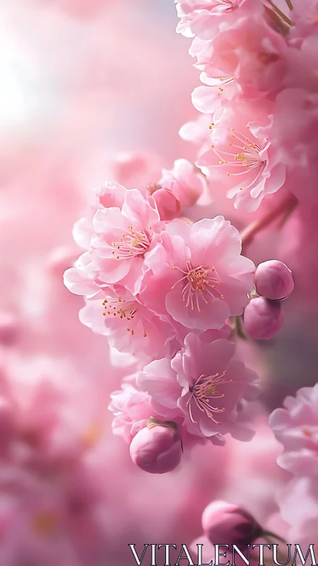 Pink Cherry Blossoms with Golden Stamens. Soft Bloom.