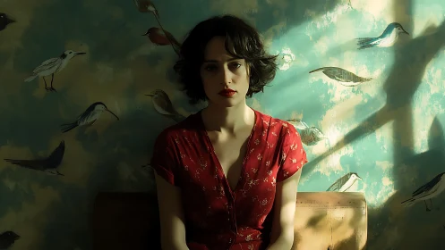 Bird-painted walls hold a quiet woman in drifting sunlight