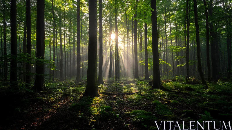 Sunlight streaming through lush green forest in serene morning.