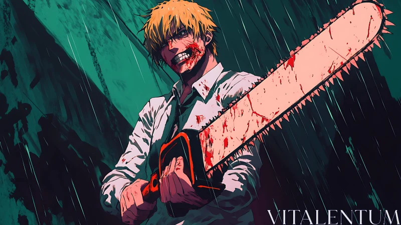 Bloodstained anime character with chainsaw in heavy rain.