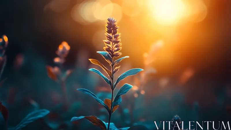 Backlit wildflower glowing in cinematic sunset bokeh.