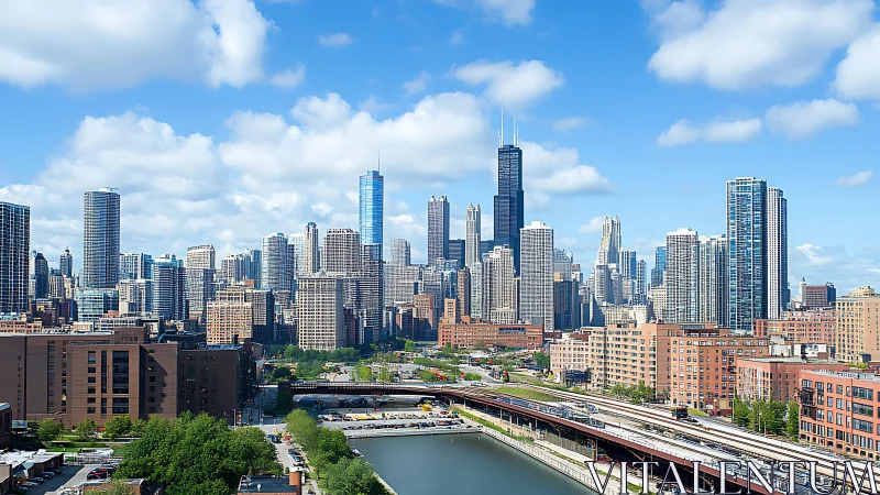 Urban skyline with mixed high-rise architecture and waterway.
