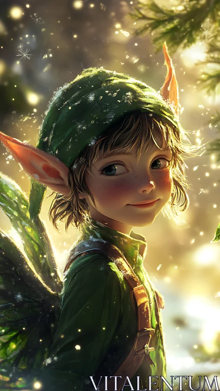 Young woodland elf with green outfit and leaf wings in snow.