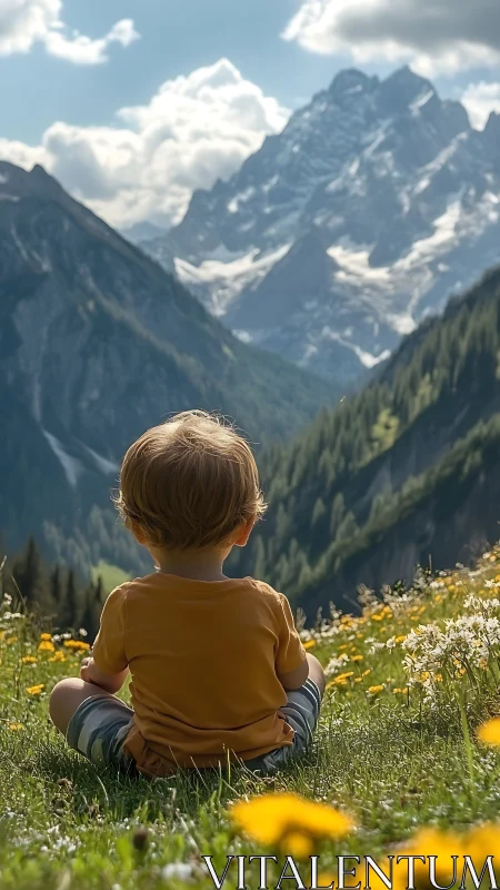 Child in alpine meadow facing towering summer mountains.