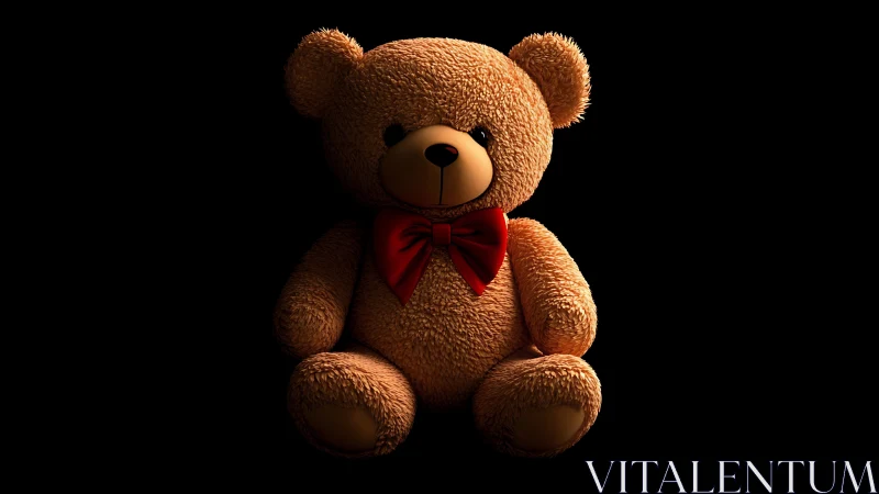 Cozy teddy bear with a bright red bow in warm light.