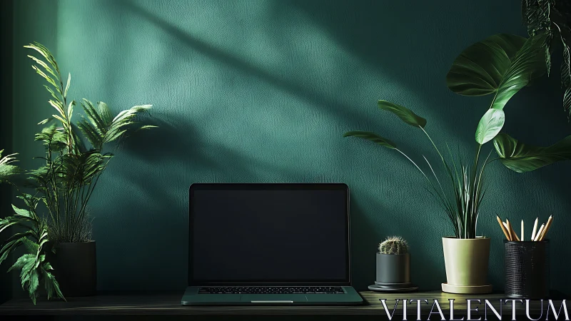 Minimal laptop workspace framed by lush indoor plants.